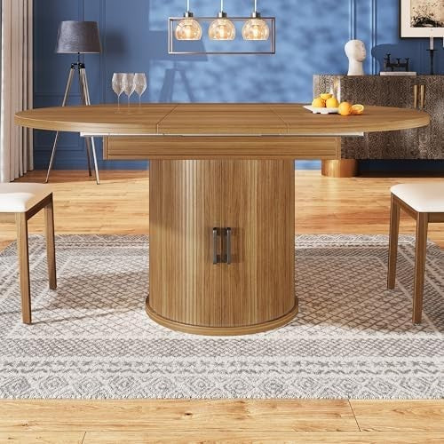 Extendable Round Dining Table Walnut Storage 118-158cm Oval