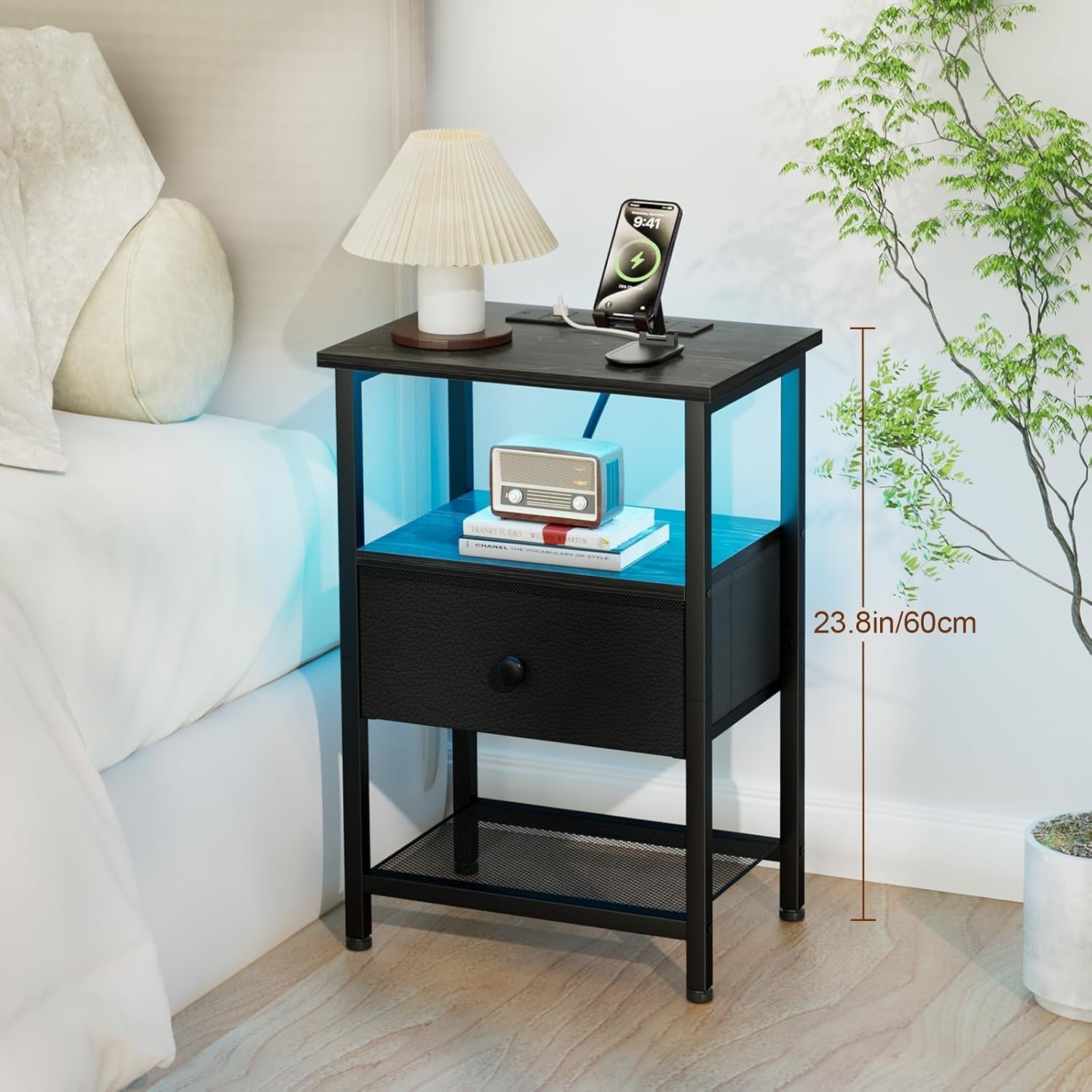 Black LED Bedside Table with Charging Station Drawer & Storage Shelf