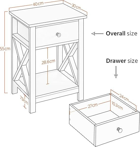 Slim White Bedside Tables Set of 2, Wooden Nightstands with Drawer & Shelf, Tall
