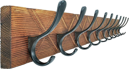 Antique Wooden Wall Coat Rack | 10 Hook Heavy Duty Hanger Brown & Black