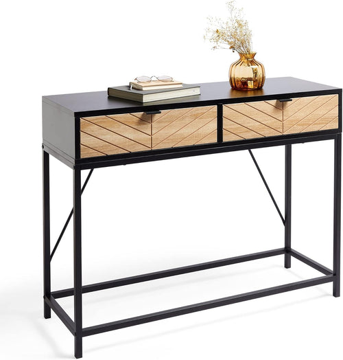 Modern Console Table w/ Drawers – Chevron Black Wood Hallway Storage