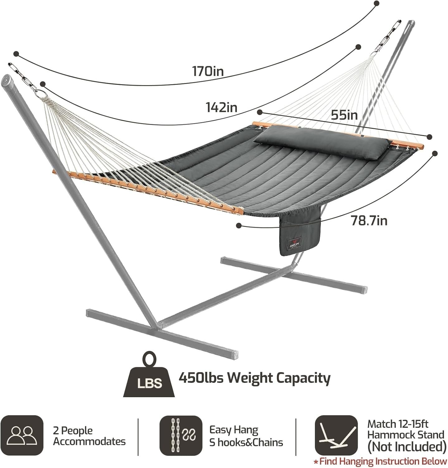 Luxury Quilted Double Hammock w/ Spreader Bars & Pillow | 450lbs | Outdoor