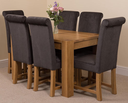 Small Oak Dining Table & 6 Chairs Set, 125x80cm, Dark Grey Fabric, Modern Style