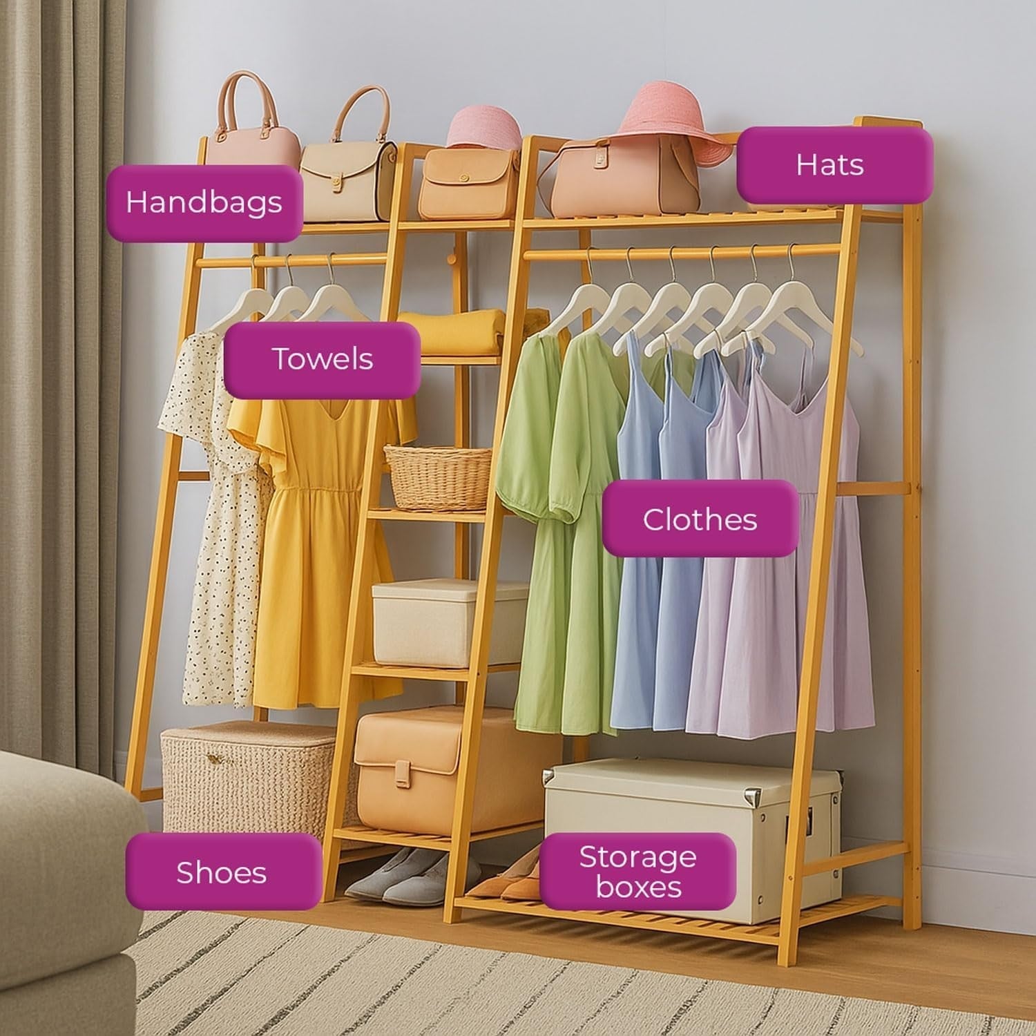 Bamboo Clothes Rack Freestanding Coat Rail with Shelf for Bedroom