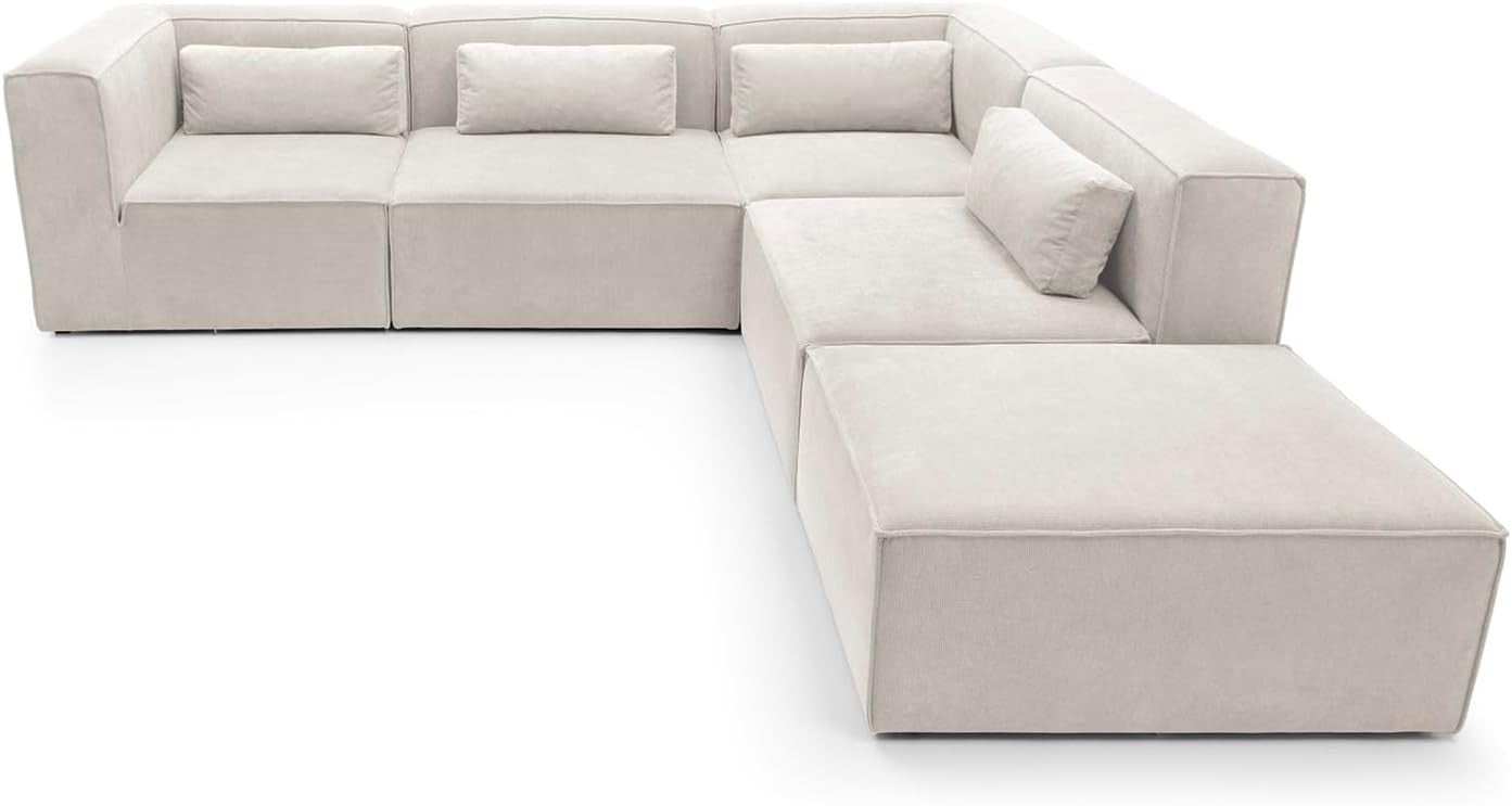 White Cord Chenille L-Shape Large Corner Sofa 5 Seater Modular Doris