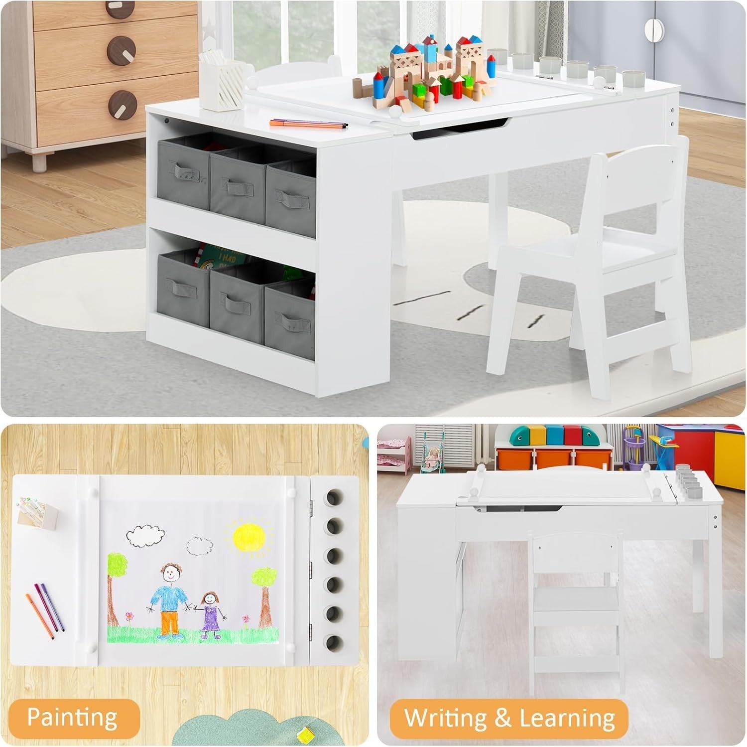 Kids Art Table and Chair Set with Storage Bins & Easel Desk White 6 Cups