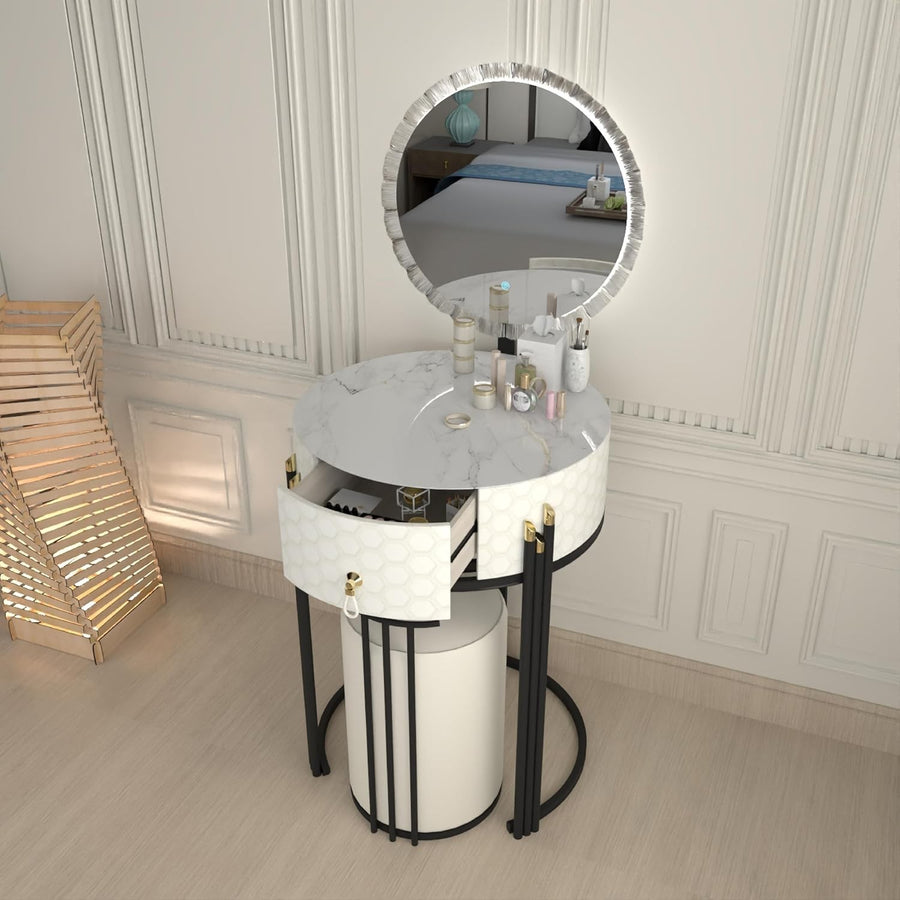 White Modern Dressing Table Vanity Set High Gloss Finish Mirror & Stool
