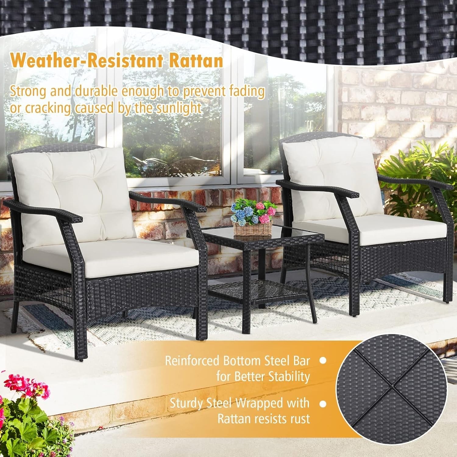 Outdoor Rattan Bistro Set 3-Piece Patio Sofa Table Chairs Cushions Garden