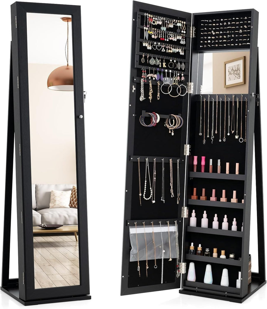 Rotating Jewelry Armoire Lockable Full Length Mirror Storage Cabinet