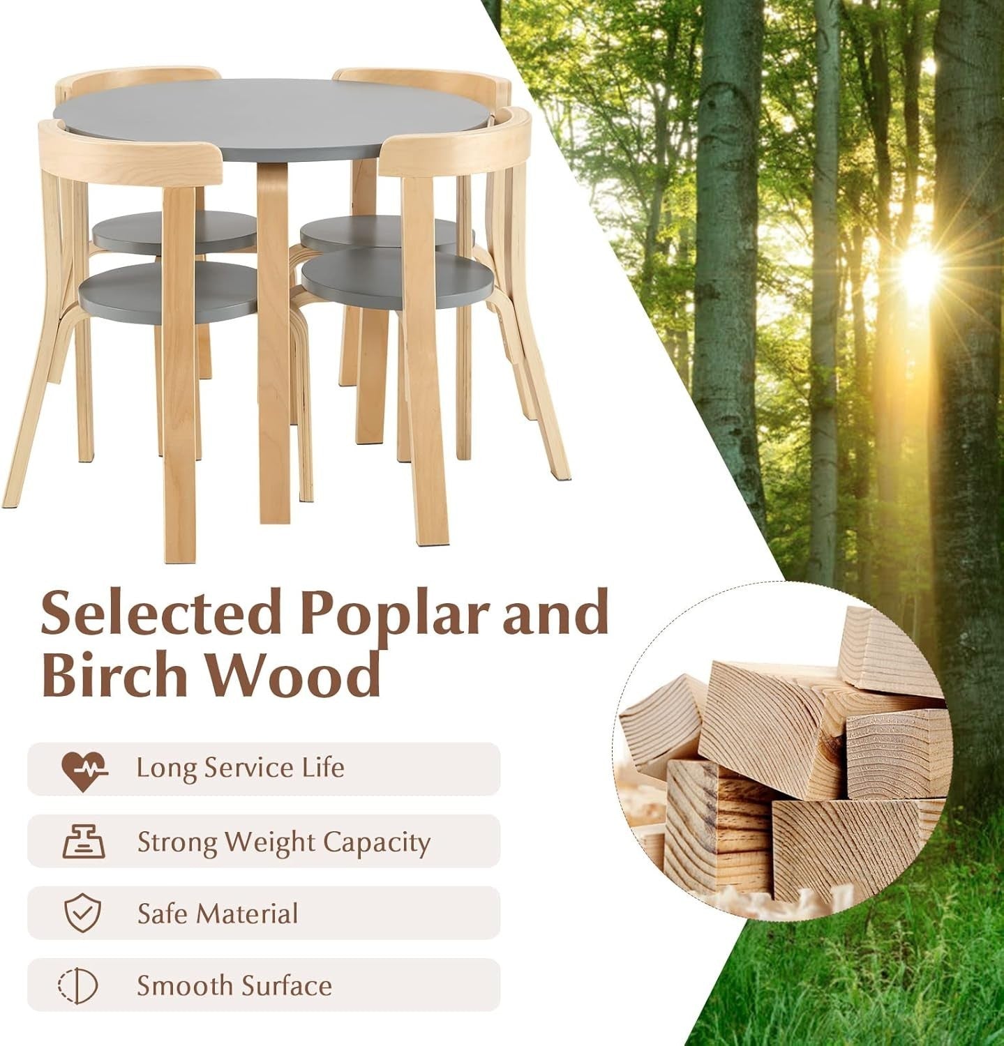 Kids 5-Piece Wooden Table & Chair Set with Ergonomic Chairs for Playroom