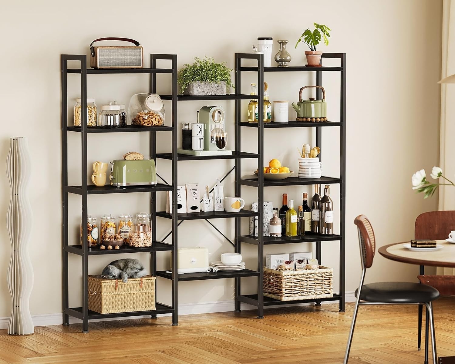 5 Tier Triple Bookshelf Industrial 14 Shelf Wide Bookcase Black Metal
