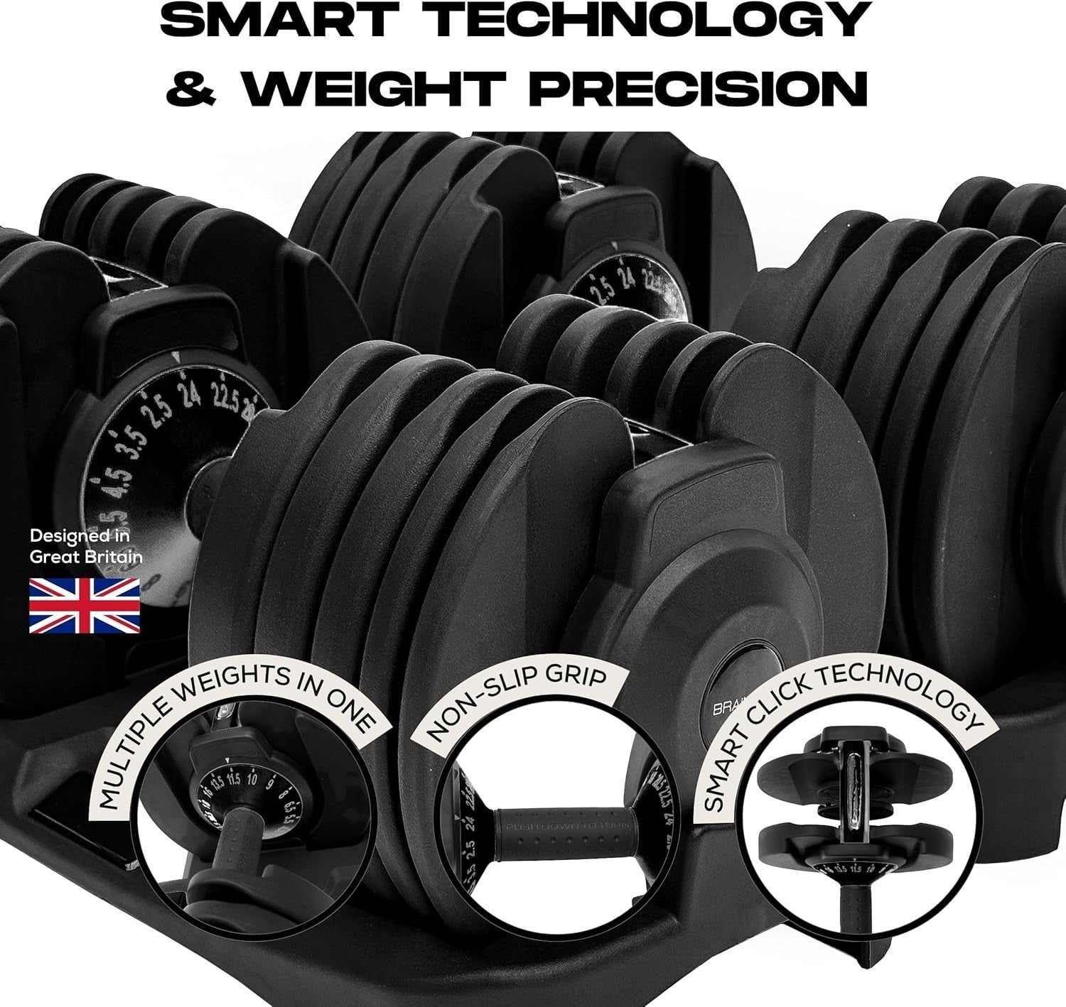 Adjustable Dumbbell Pair 24kg Smart-Click Anti-Slip Home Gym Weights