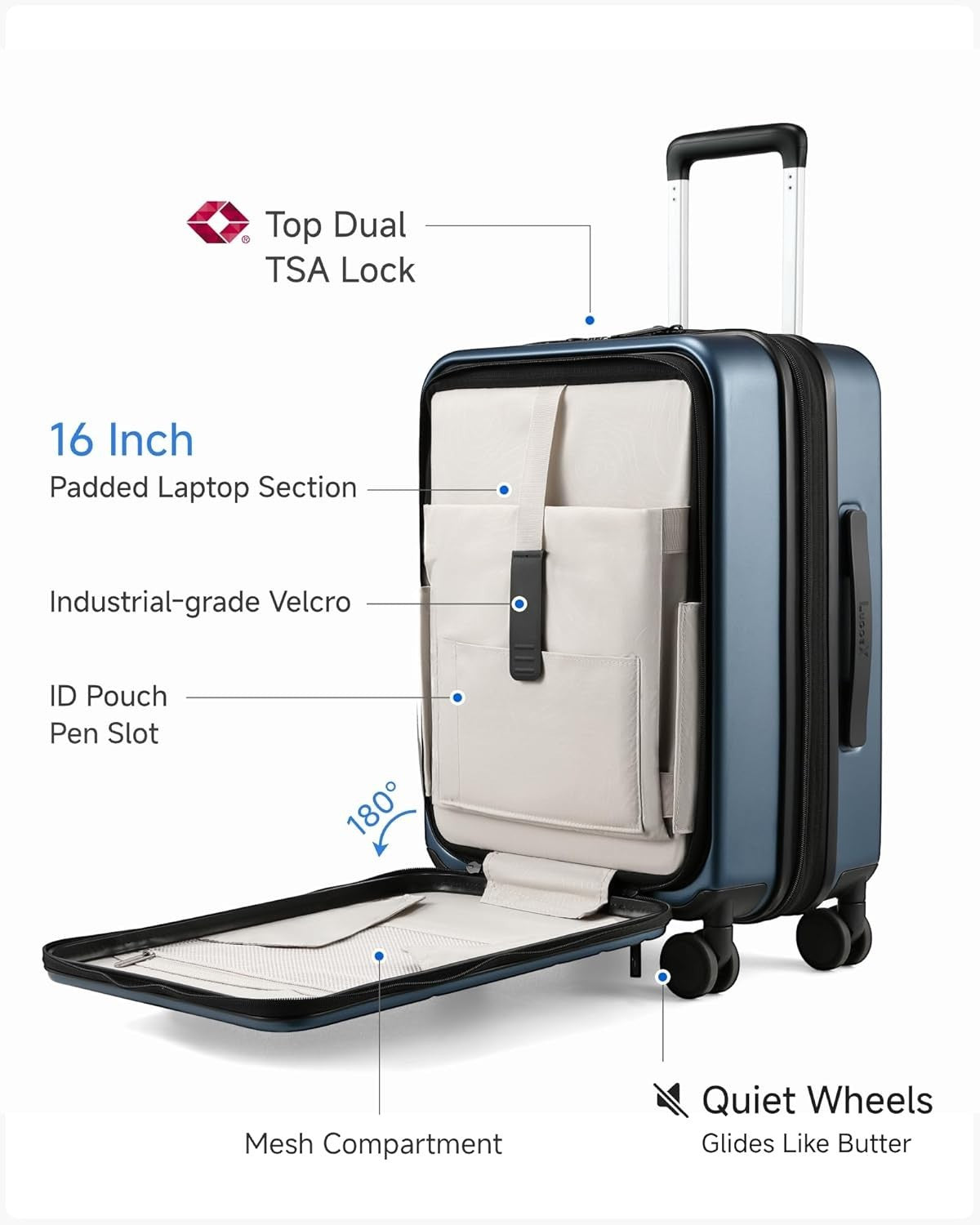 Blue Expandable Cabin Suitcase Hard Shell Laptop Pocket TSA Spinner
