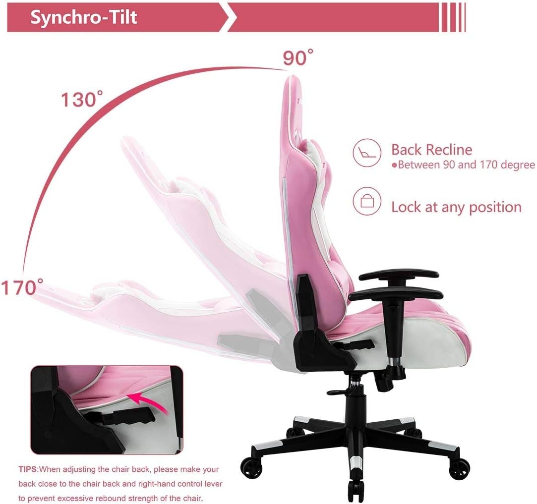 Reclining Gaming Chair Faux Leather Swivel High Back Pink