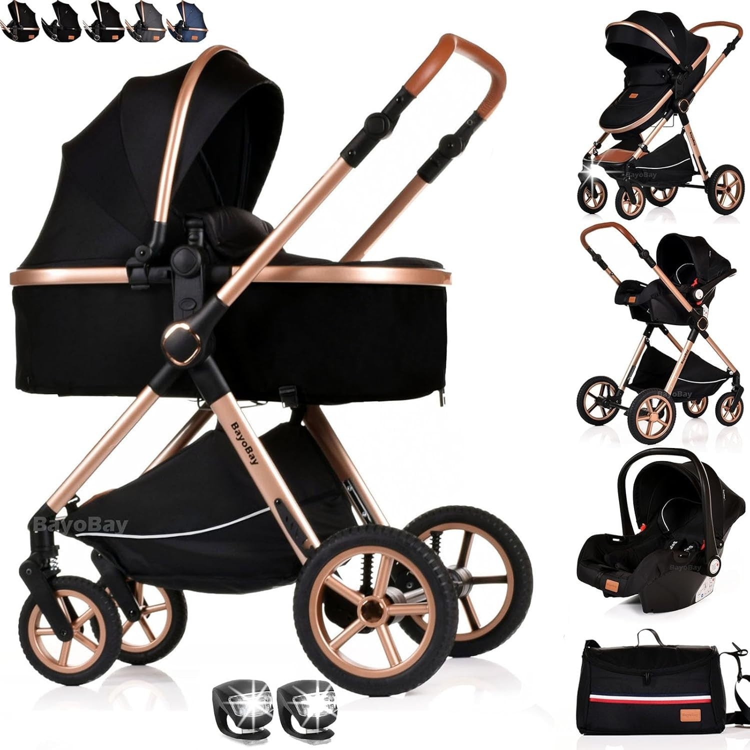 Black Gold 3 in 1 Baby Pram Travel System Folding Pushchair with Car Seat