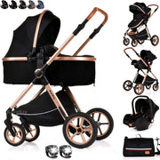 Black Gold 3 in 1 Baby Pram Travel System Folding Pushchair with Car Seat