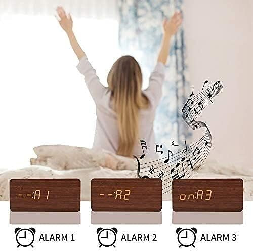 Wooden LED Digital Alarm Clock Silent Bedside Snooze Temperature