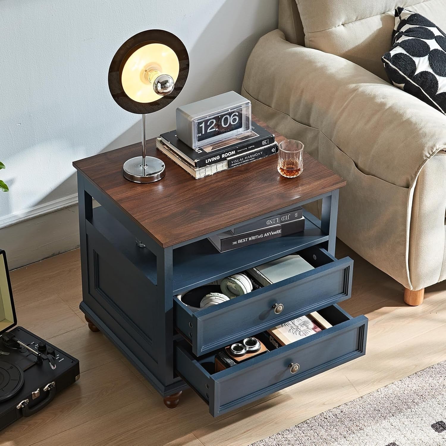Blue Wooden Bedside Table with Drawers & Open Shelf