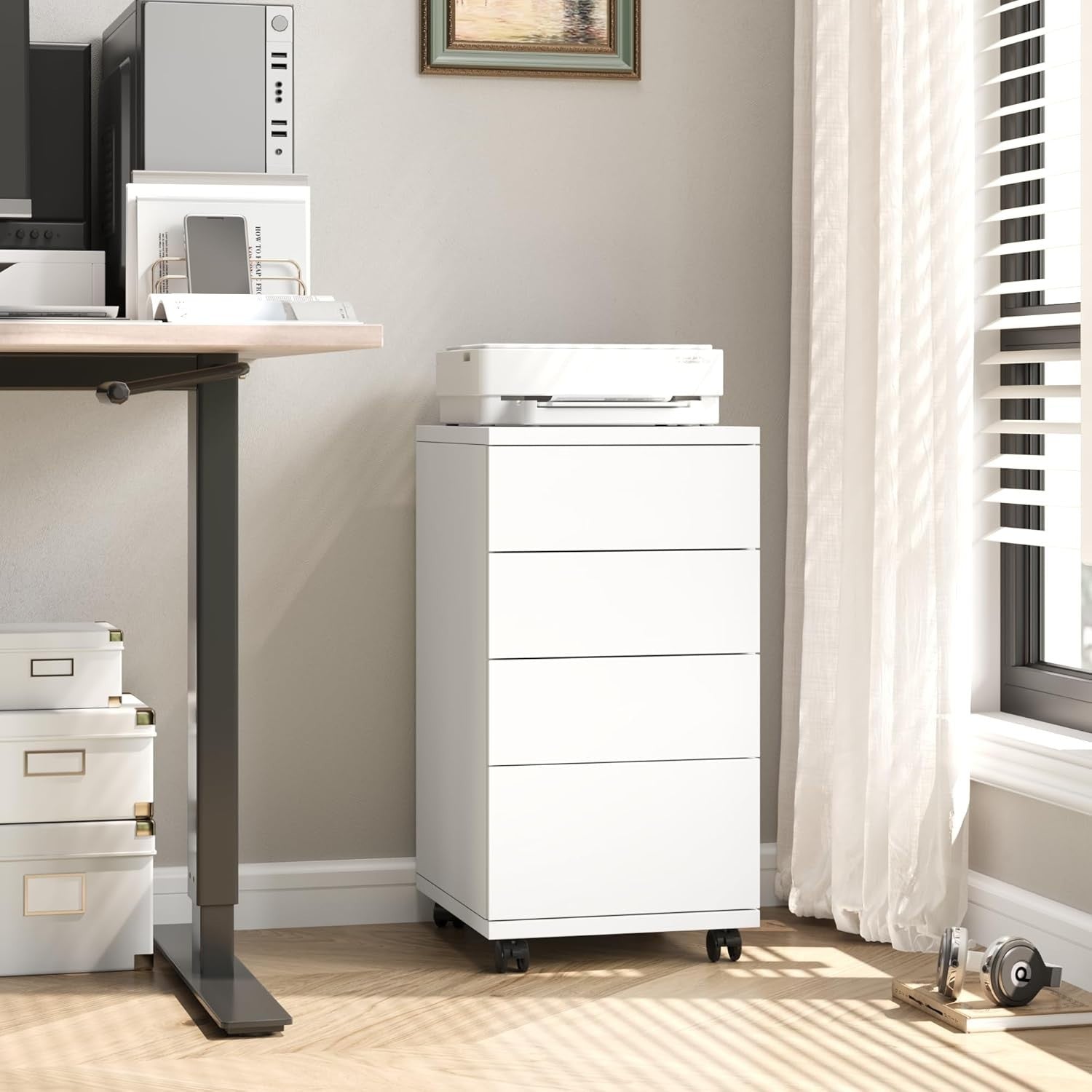 Slim Rolling 4 Drawer Under Desk File Cabinet Mobile Office Storage