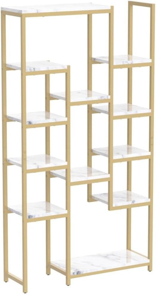 Modern Gold & White 6-Tier Bookcase | 12-Shelf Open Display Storage Unit