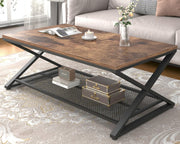 Rustic 2 Tier Coffee Table with Storage Shelf, Industrial Wood Metal Living Room
