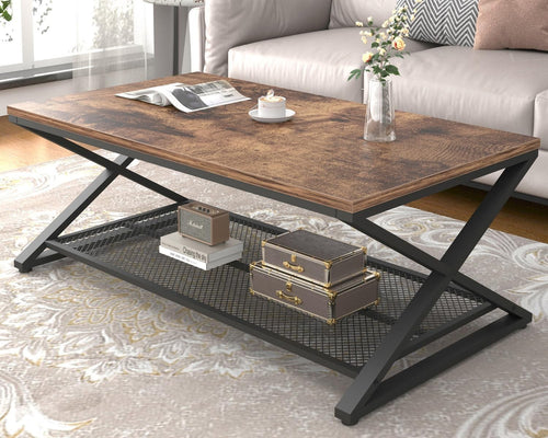 Rustic 2 Tier Coffee Table with Storage Shelf, Industrial Wood Metal Living Room