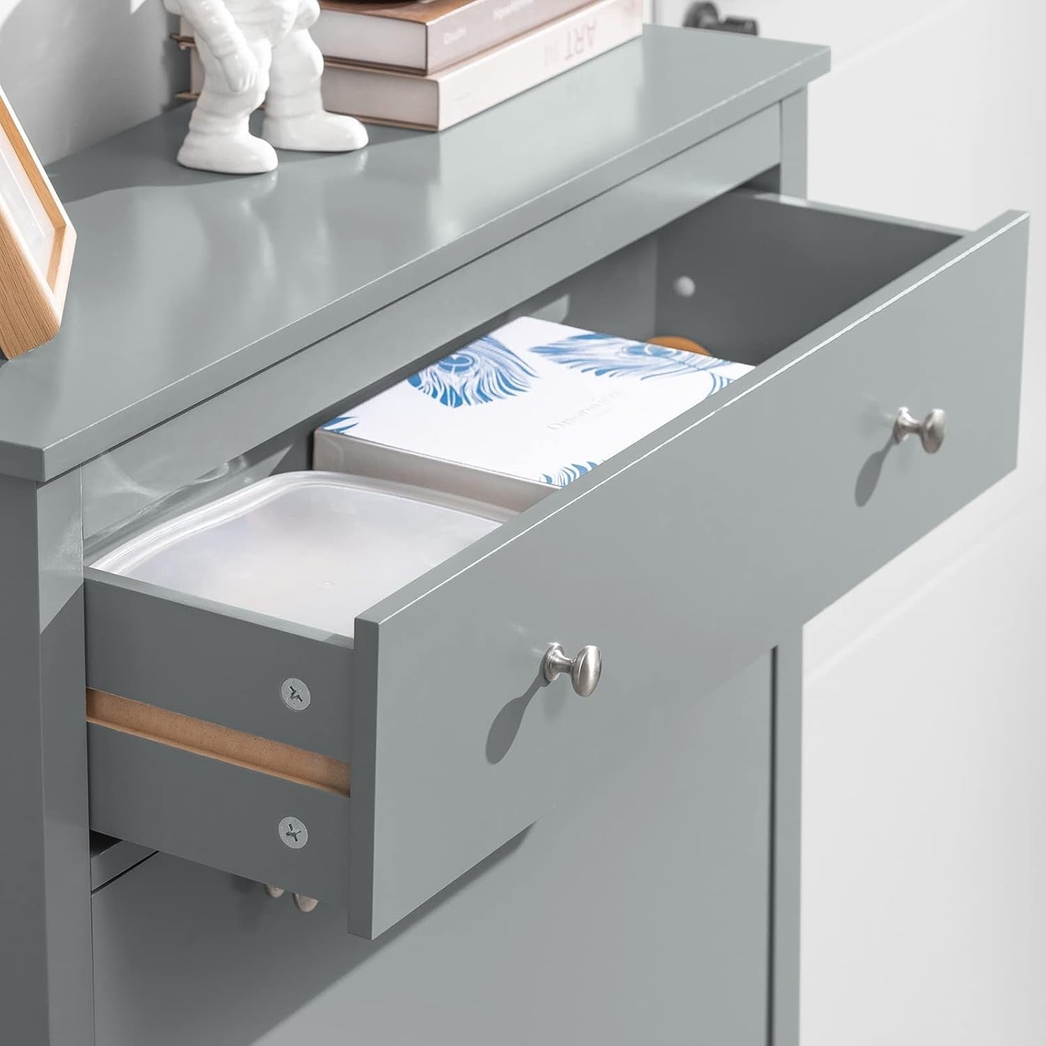 Slim Modern Grey Shoe Cabinet with Drawer & Flip Doors, 12-Pair Storage