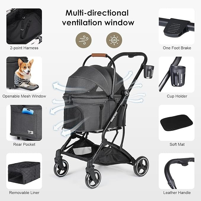 3-in-1 Pet Stroller Foldable Detachable Carrier Pushchair for Small Dogs Cats