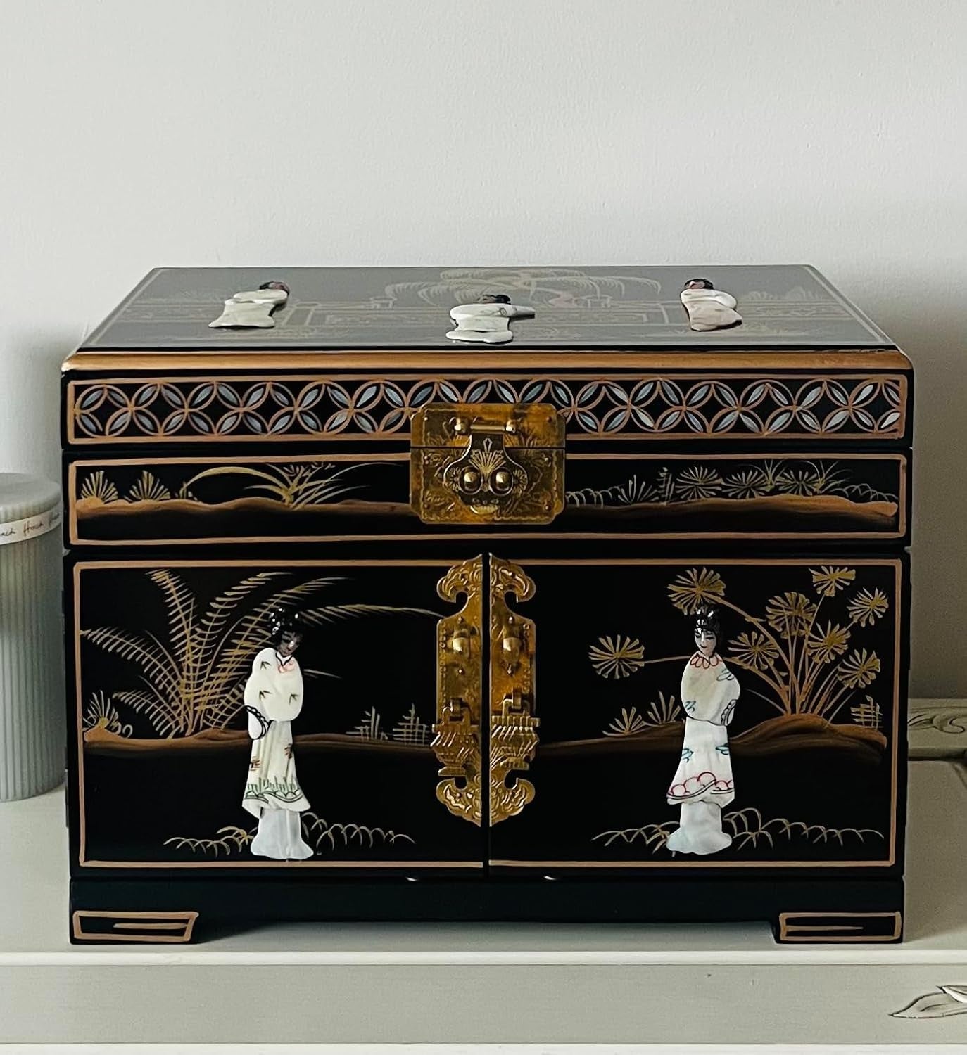 Black Chinese Jewellery Box Hand Painted Mother of Pearl Lockable