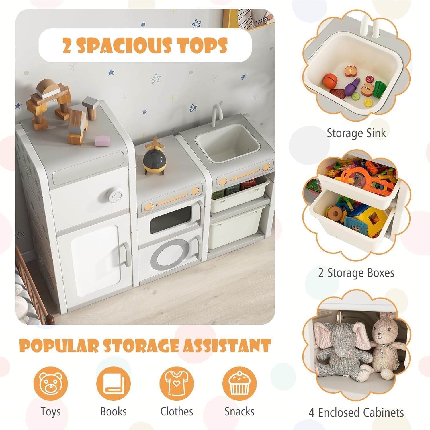 Kids Toy Storage Unit with Cabinets & Whiteboard Play Kitchen Shelf 116cm