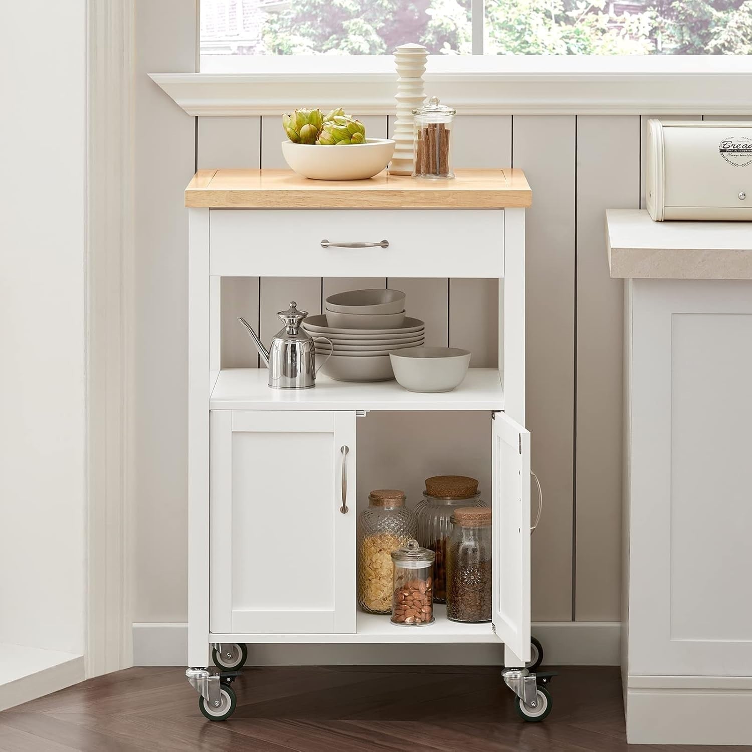 Kitchen Trolley Cart with Rubber Wood Top Storage Cabinet