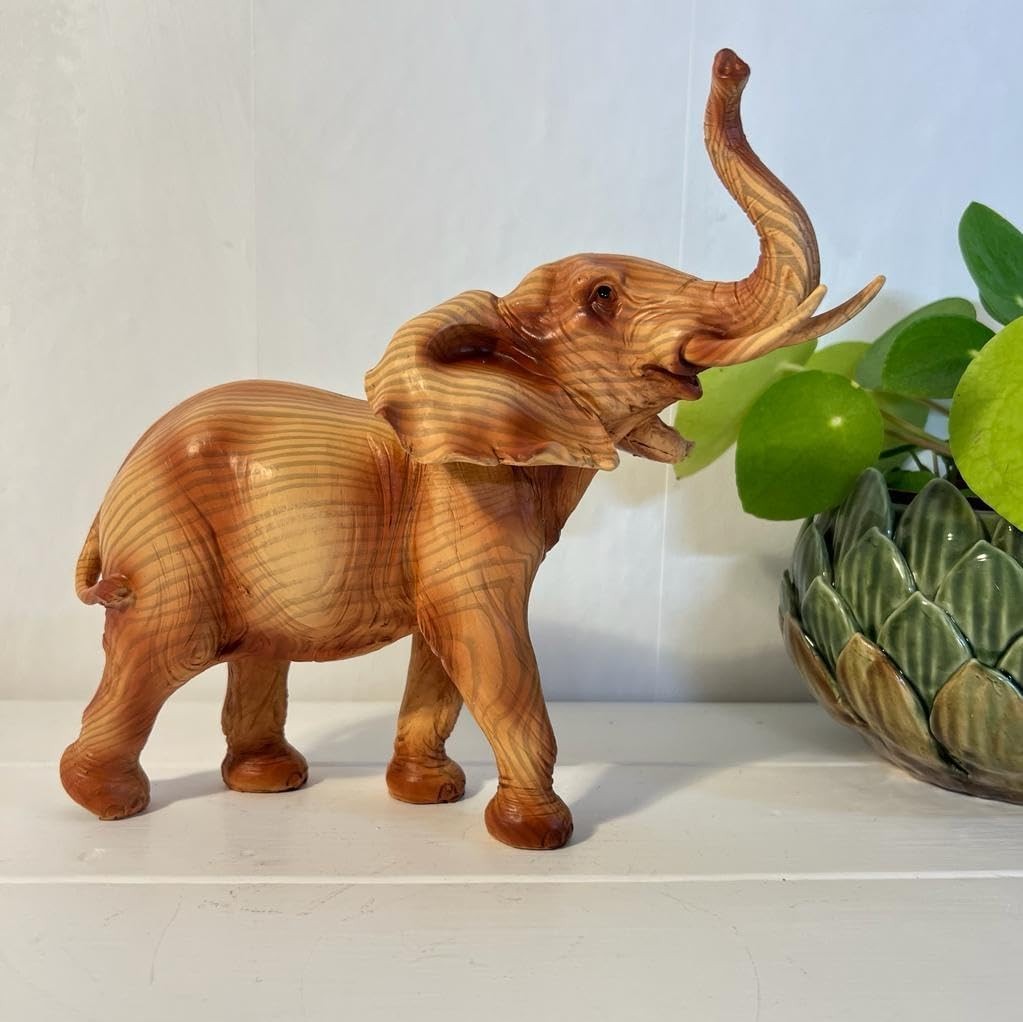 Wood Effect Elephant Ornament | Resin Wildlife Decor | Raised Trunk Figurine