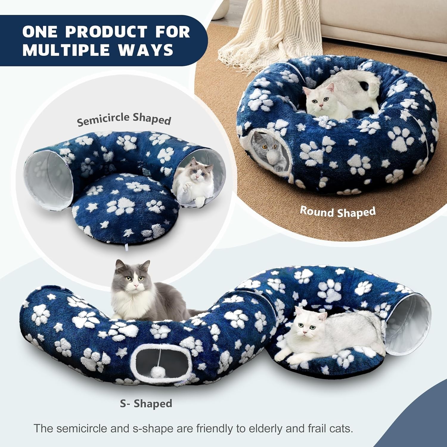 Cat Donut Tunnel Bed Peekaboo Cave w Cushion & Hanging Ball Navy
