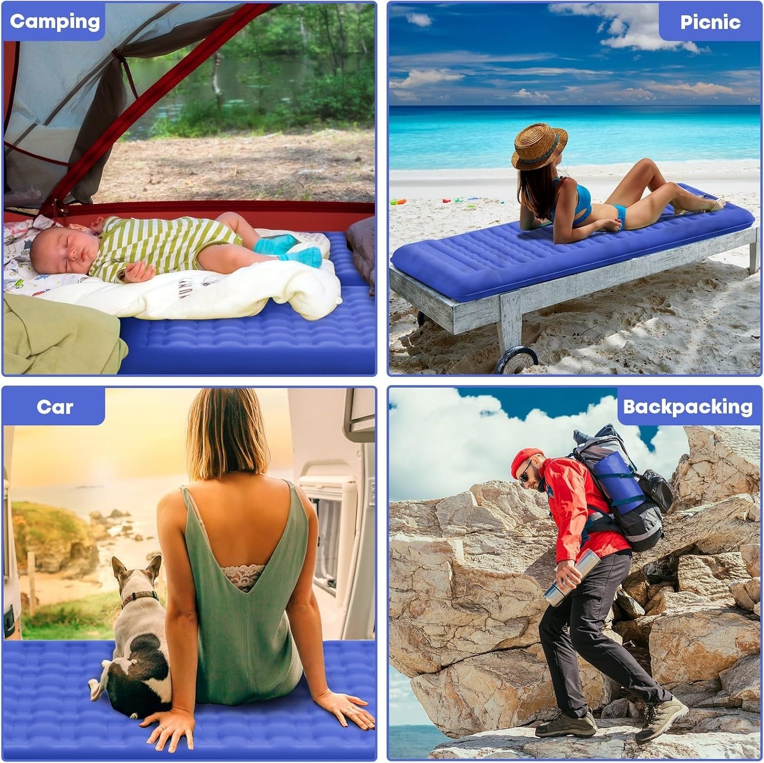 Extra Thick Camping Air Mattress 12–15cm Built-In Foot Pump Pillow Pad Blue