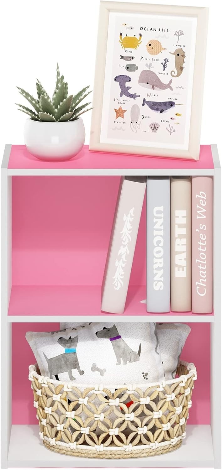 2 Tier Pink Wooden Bookcase Small Storage Shelf Compact Organizer 39x24x54cm