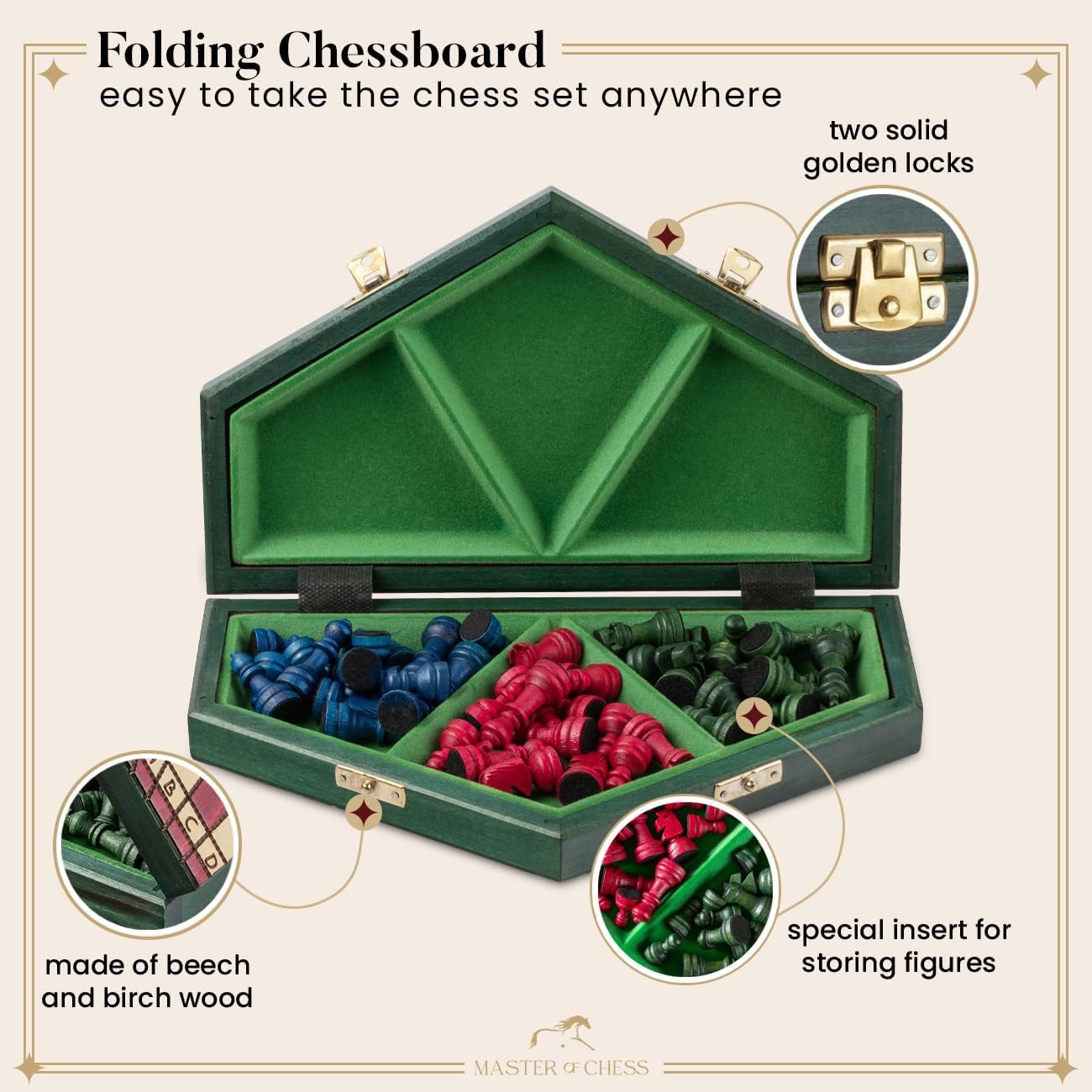 3-Player Wooden Travel Chess Set Hexagonal Board 28×33cm Handcrafted Game