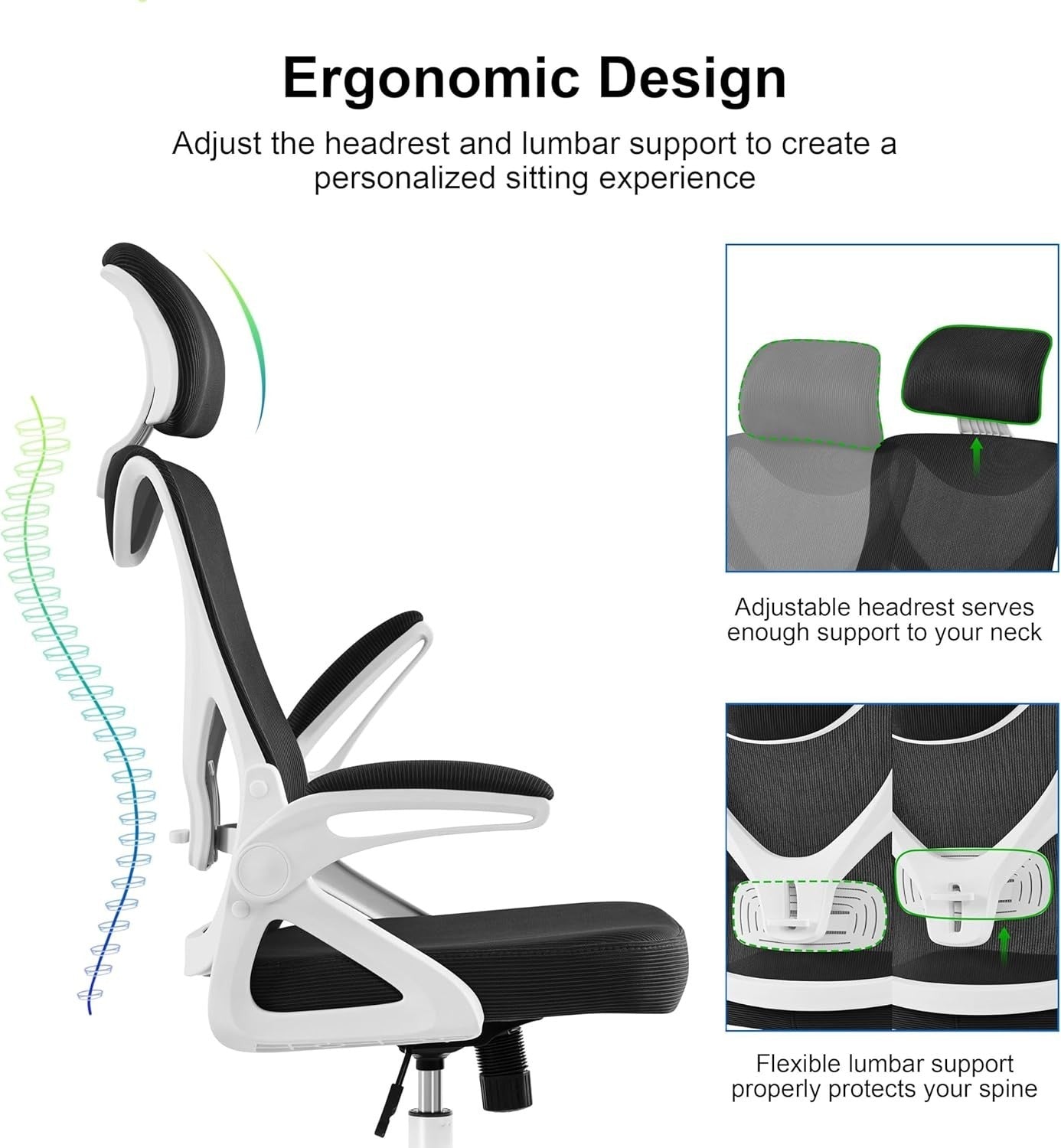Mesh Ergonomic Office Chair Tall Back Adjustable Headrest Lumbar Flip-Up Arms Wh
