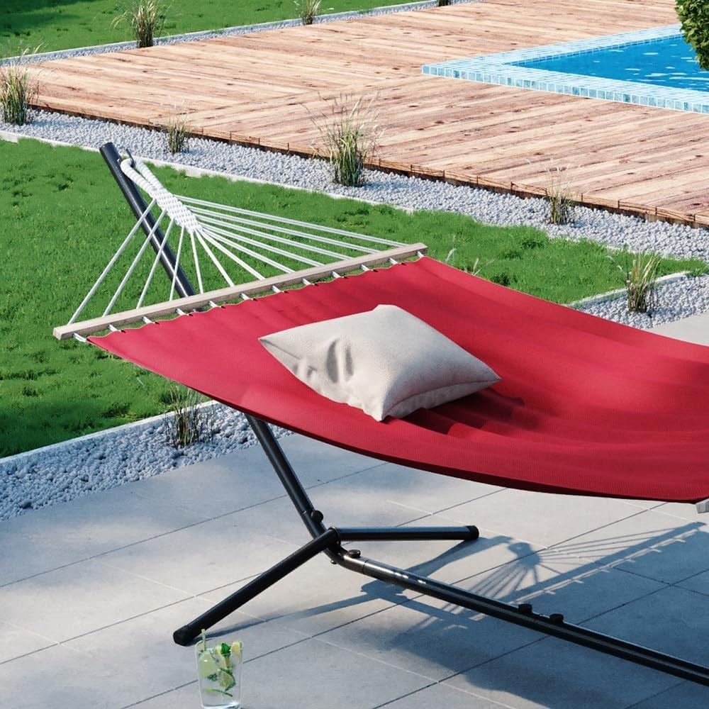 Adjustable Metal Hammock with Frame 350cm Wine Red Sun Lounger Outdoor Bed