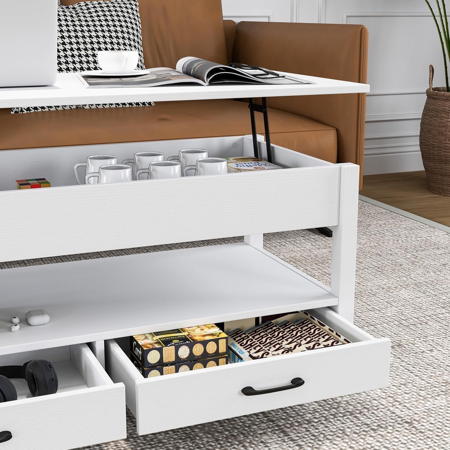 Lift-Up Coffee Table with Storage, Drawers & Shelf – Space-Saving, Modern Design