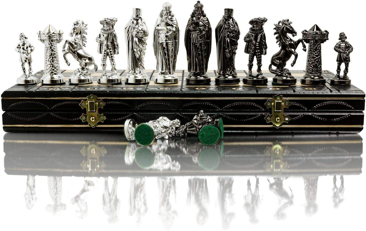 41cm Chrome Medieval Chess Set | Luxury Folding Board | Weighted Metal Pieces