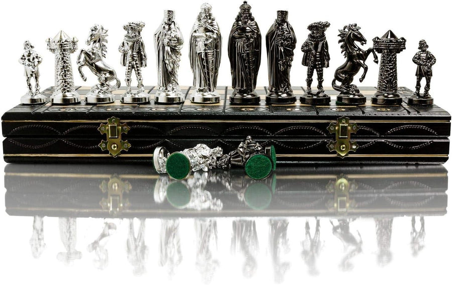 41cm Chrome Medieval Chess Set | Luxury Folding Board | Weighted Metal Pieces