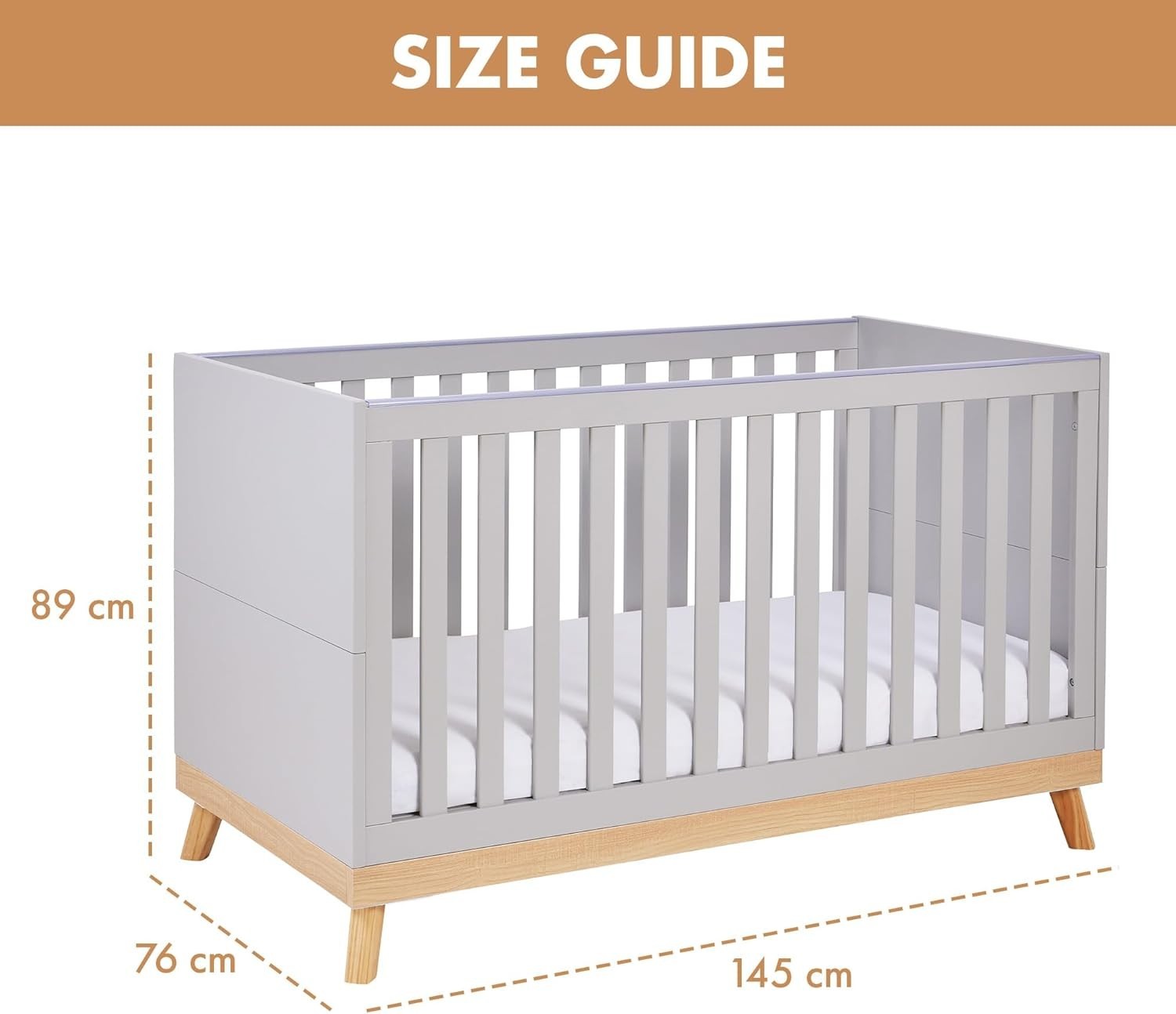 Convertible Grey Baby Cot Bed 3 Height Adjustable Toddler Bed 145x76x89 cm
