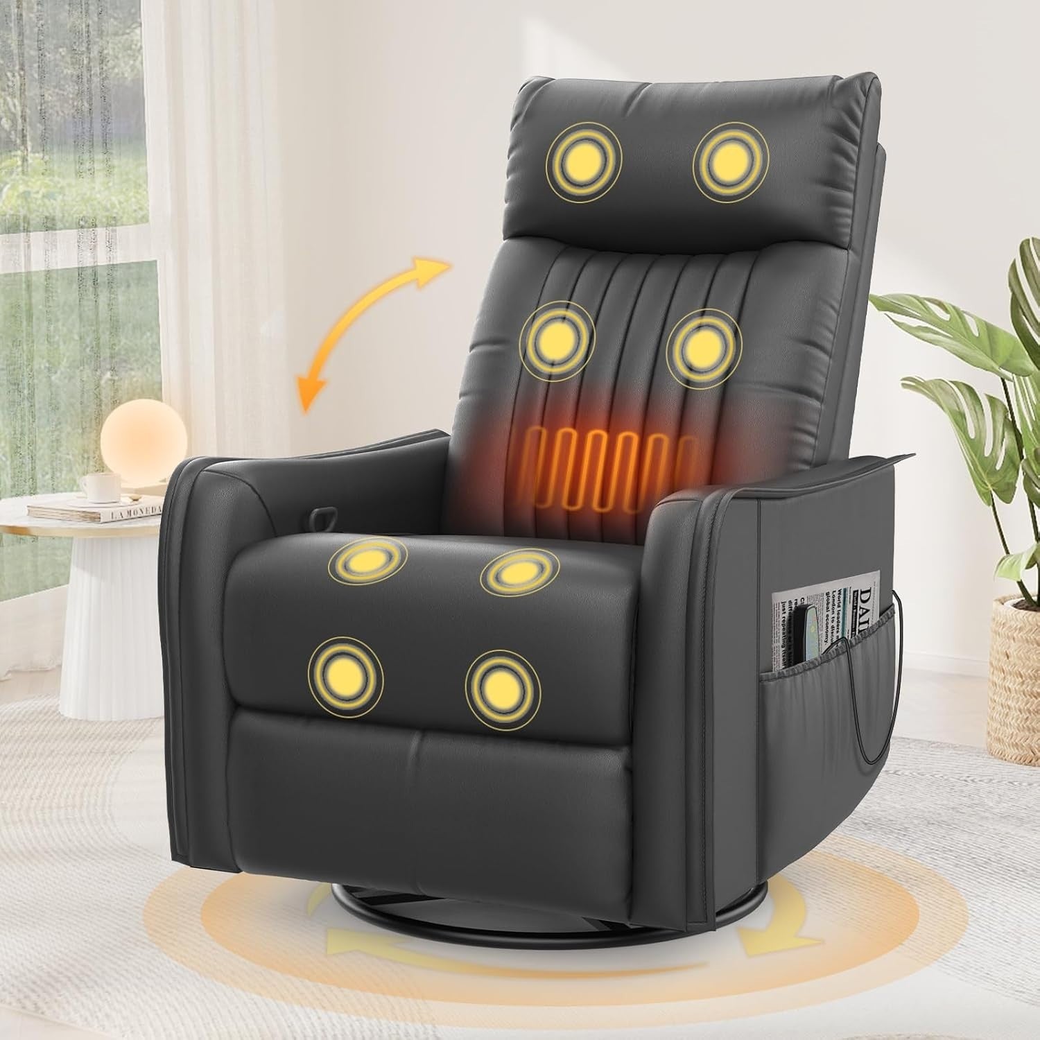 Swivel Recliner Chair Massage Heat 135° Recline Footrest Dual Pockets