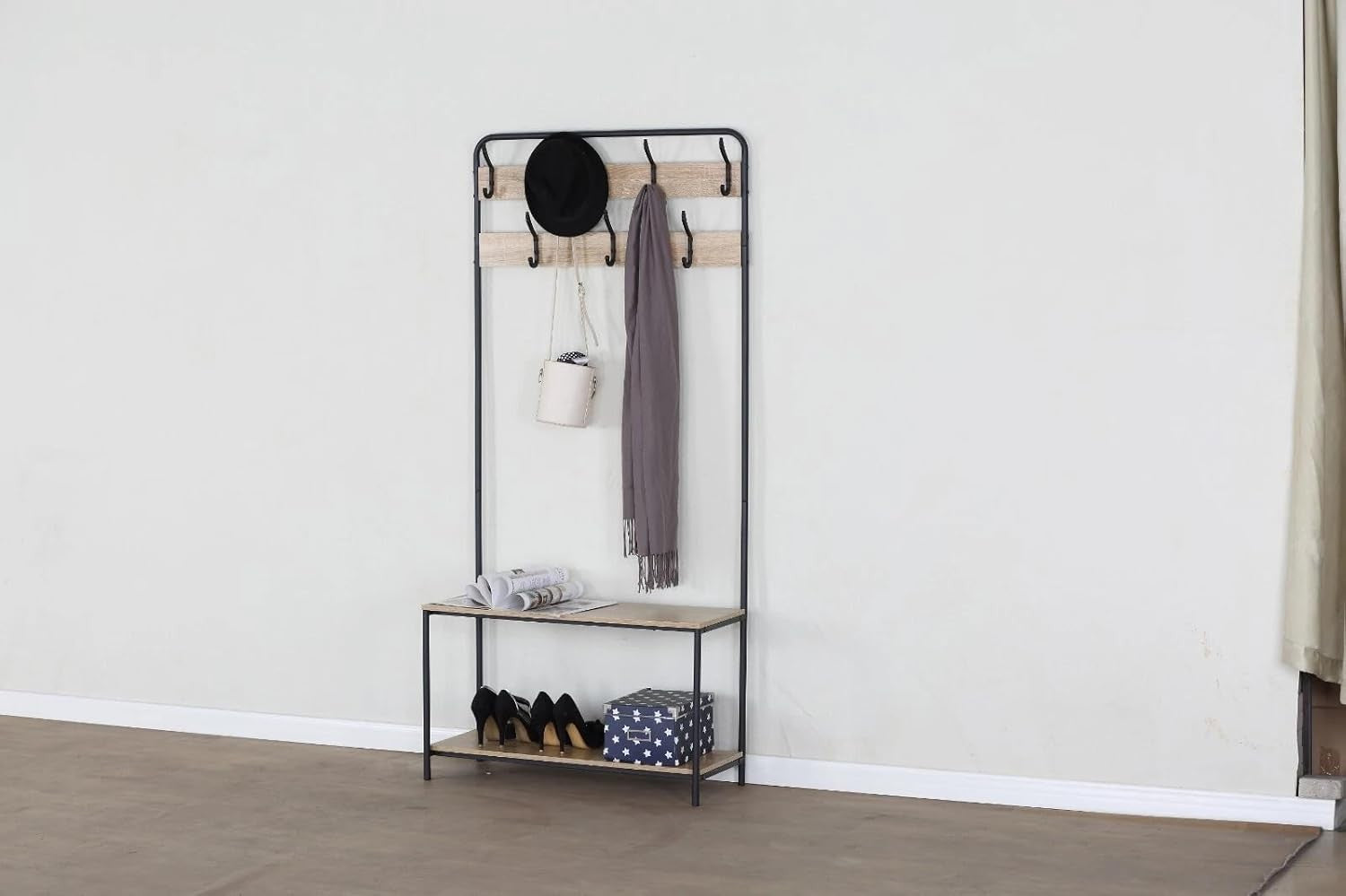 Coat Rack with Shoe Bench & 7 Hooks | Metal Hall Tree Stand for Entryway