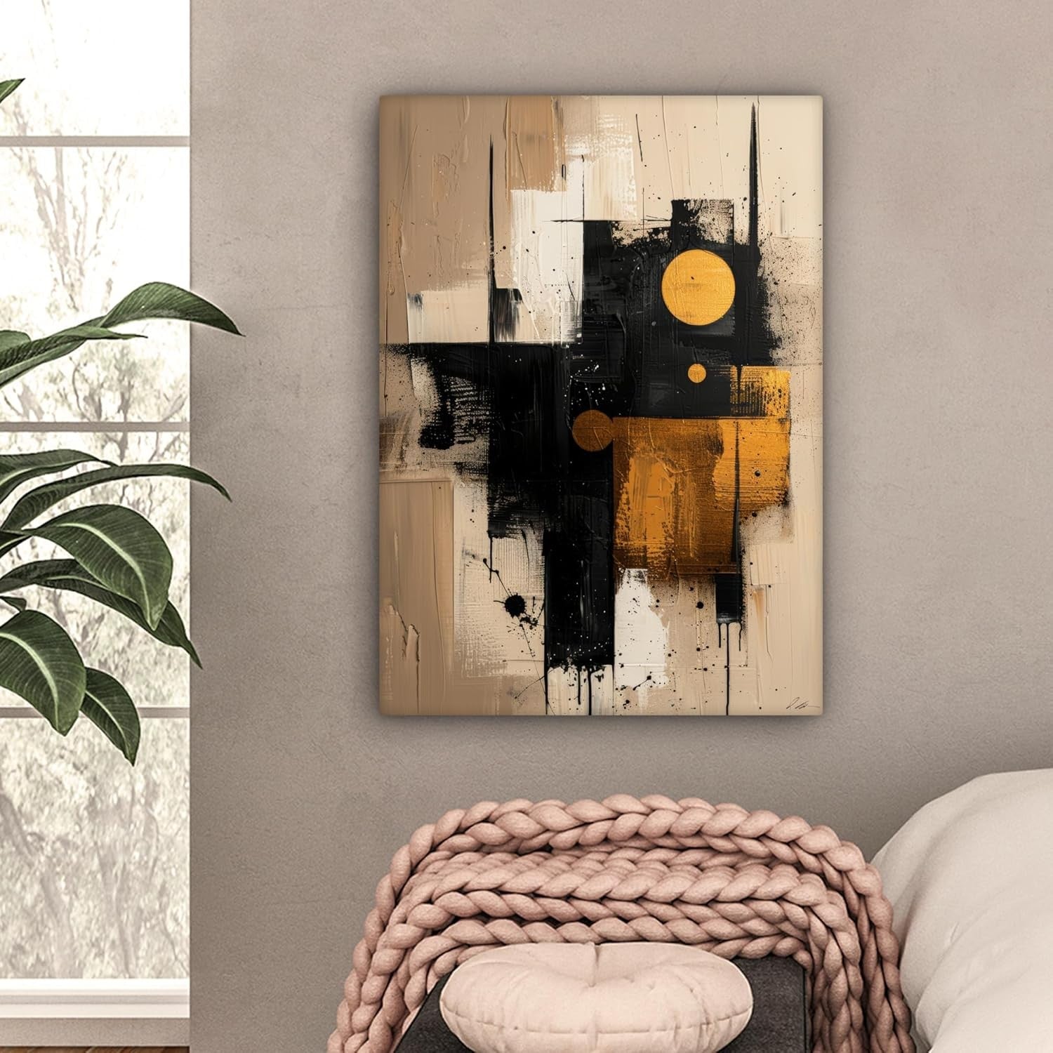 Large Abstract Canvas Wall Art 60x80cm Framed Beige Gold Modern