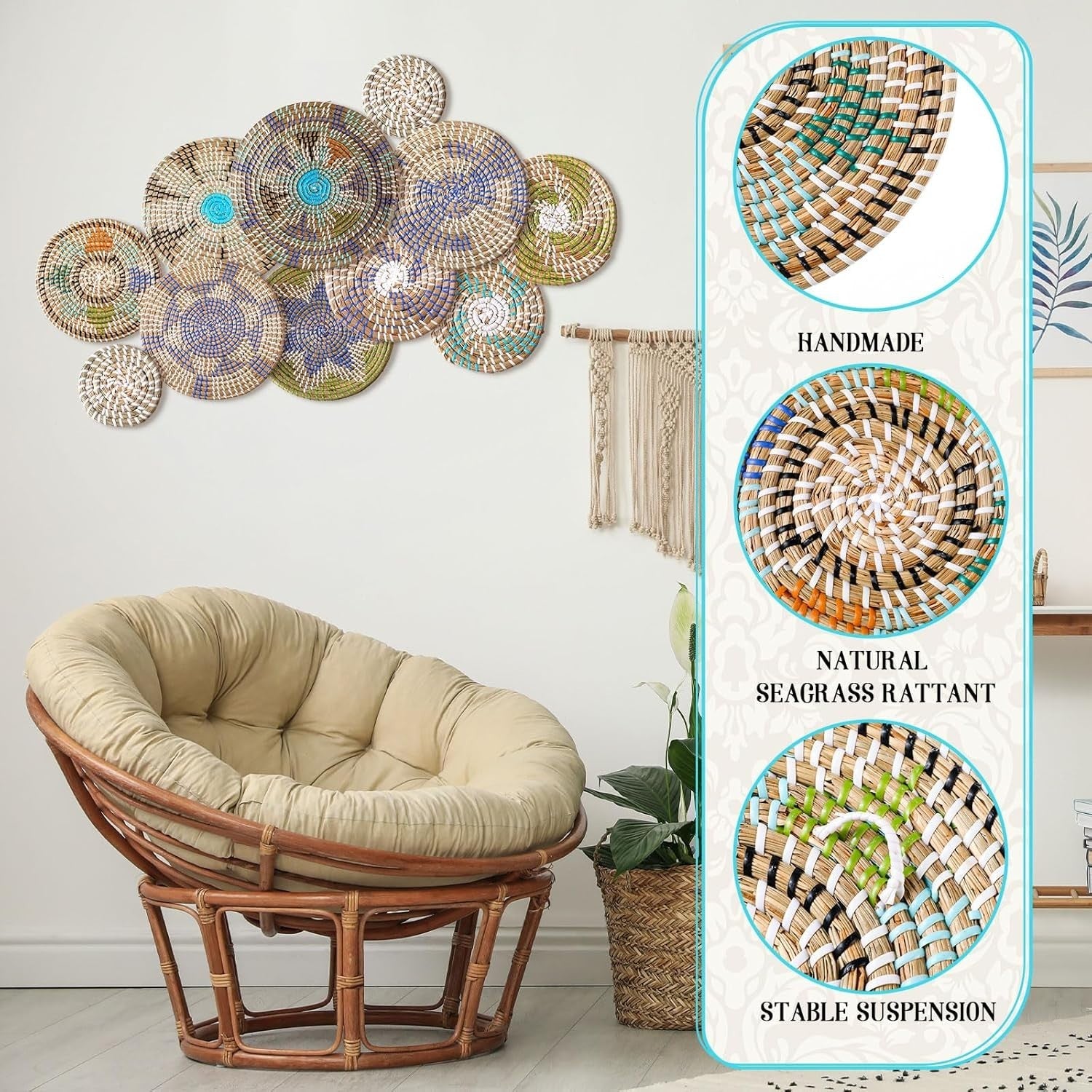 11PCS Boho Woven Wall Baskets Multi-Size Bulrush Farmhouse Decor multicolour