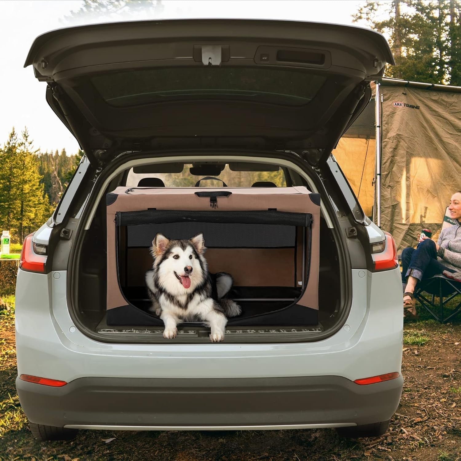 Soft-Sided Dog Crate – Portable Pet Carrier for Travel, Camping & Home (Khaki)