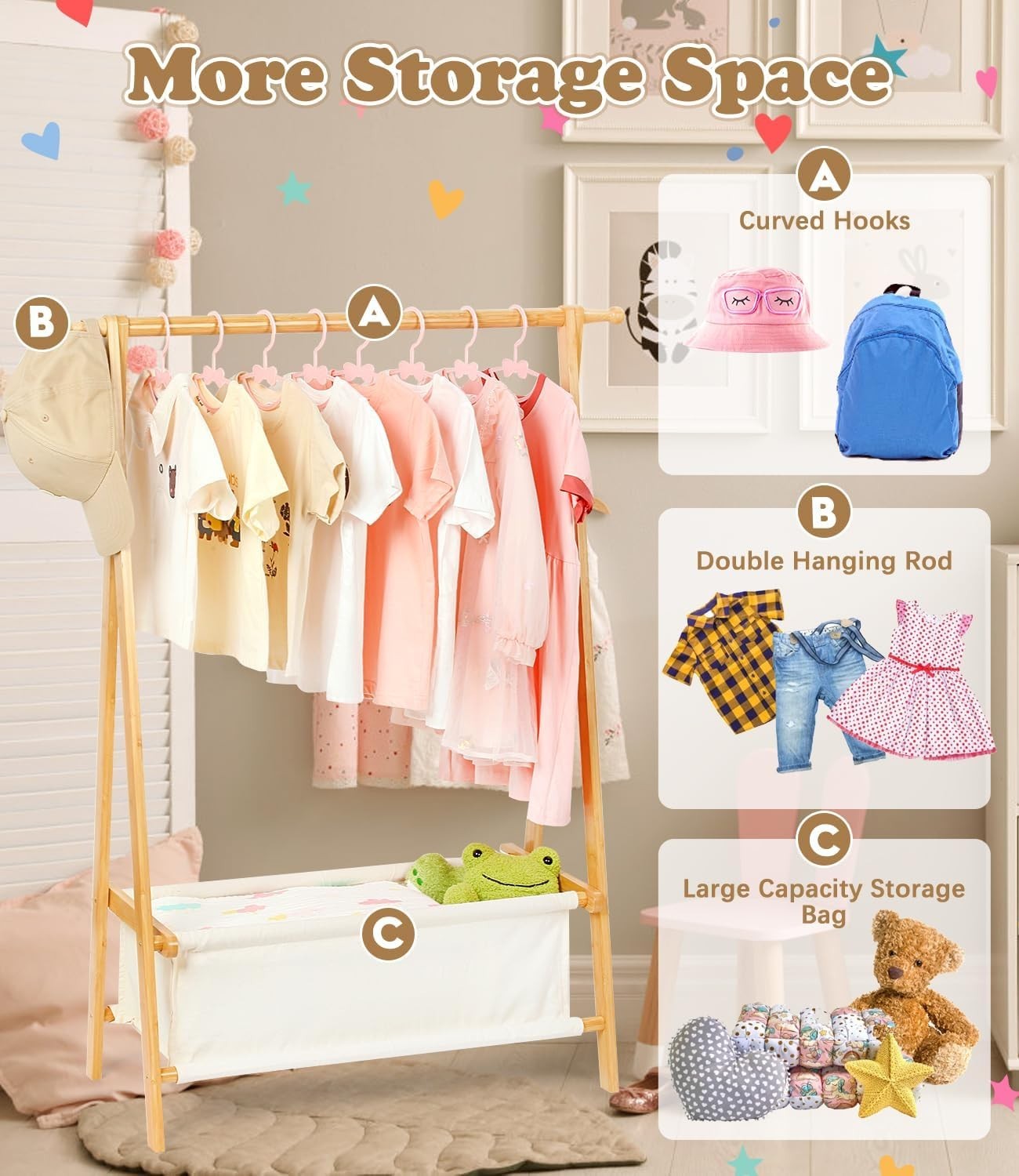 Bamboo Kids Clothes Rack Dress Up Storage Organizer