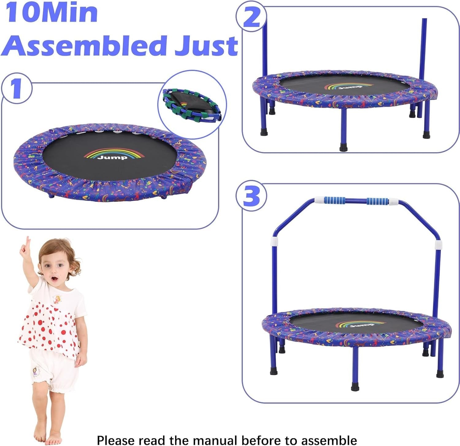 36'' Kids Mini Trampoline Foldable Quiet Rebounder Safety Handle Blue