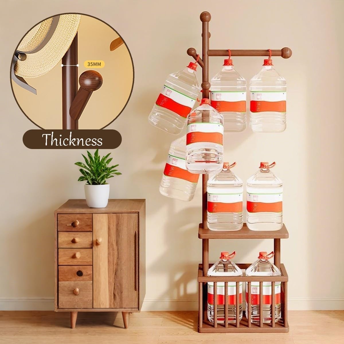 White Solid Wood Coat Rack with Wheels & Storage Basket Freestanding Hall Stand